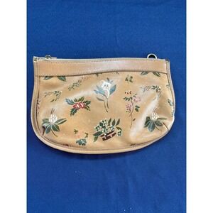 Brahmin Floral Leather Pouch Tan Botanical Print Zipper Clutch Makeup Bag Small